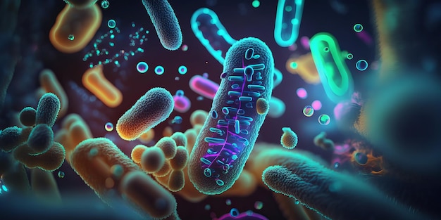 Bacteria cells under microscope background Bacteria disease epidemic Generative Ai