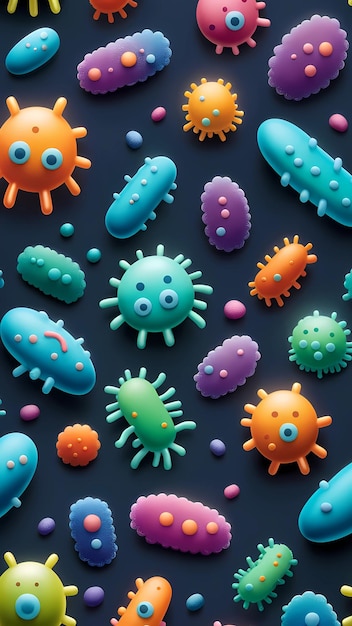 Фото Микробиология бактерий монстр 3d мультфильм персонаж дизайн концепция иллюстрация