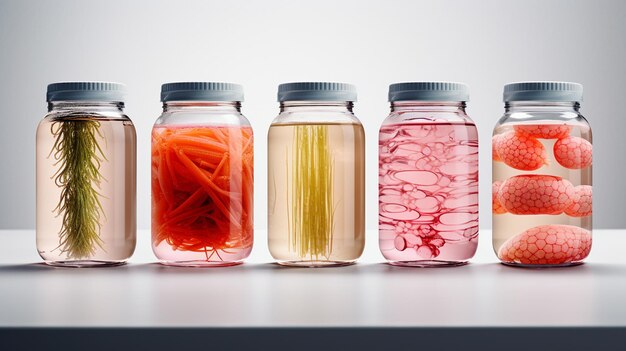 Photo bacteria in transparent jars generative ai