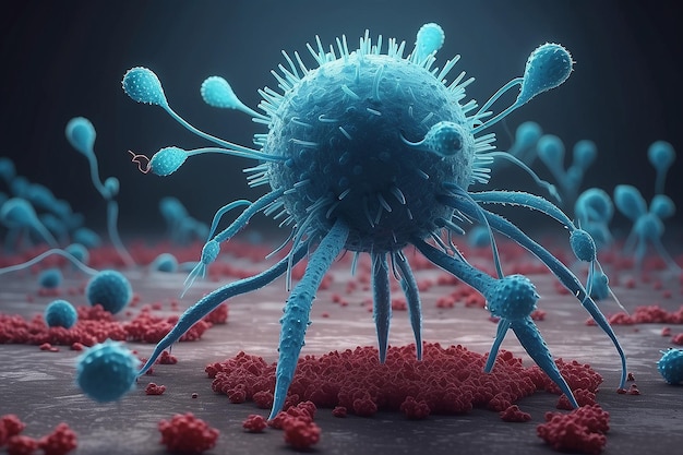 Photo bacterial virus bacteriophage attack bacterium microworld 3d rendering