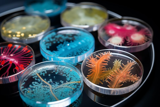 Foto bacteriële kolonies bloeien in een lab schotel generatieve ai