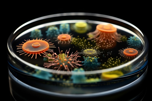 Bacteriën en schimmels groeien in een petrischaal op een zwarte achtergrond generatief ai-concept