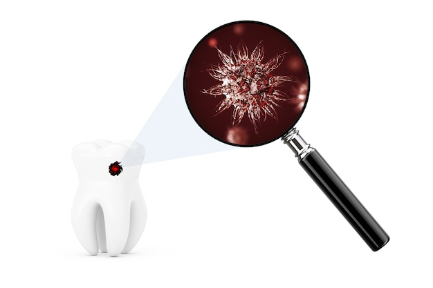 Bacteriën en virussen op een tand gezien door vergrootglas op een witte achtergrond. 3d-rendering.
