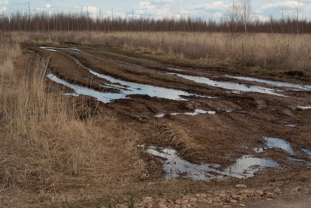 Foto brutta strada di campagna una strada sterrata danneggiata sterrato argilloso