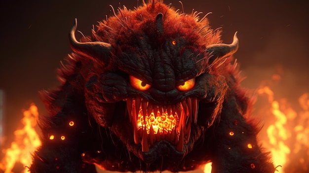 Bad monster with fiery angry face digital art illustration Generative AI
