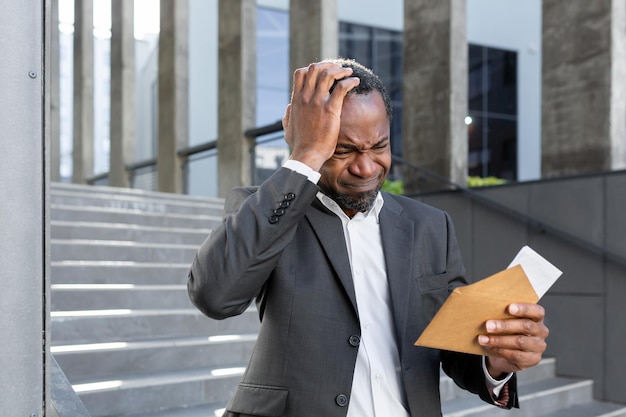 Bad news bankruptcy notice businessman outside office building\
reading bad news in letter