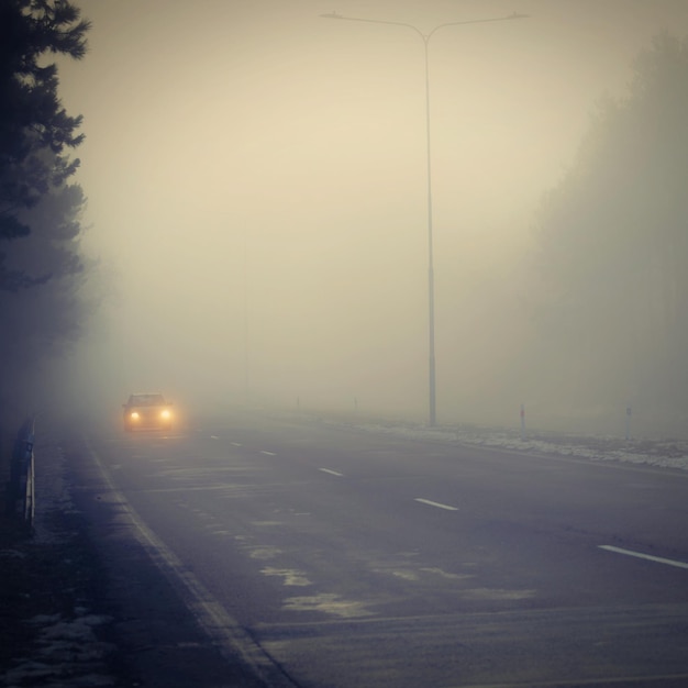 Bad weather driving foggy hazy country road Motorway road traffic Winter time