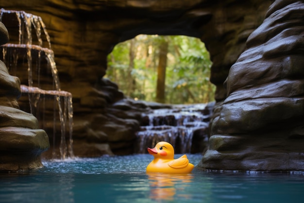 Badeend drijft in de buurt van de waterval van het zwembad