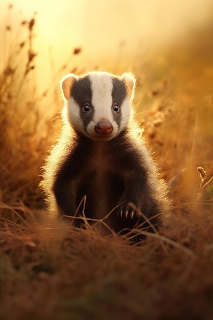 Badger cub sitting on a meadow