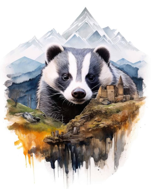 Badger Double exposure of a Badger and nature mountains trees in watercolor art