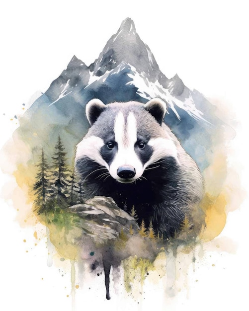 Badger Double exposure of a Badger and nature mountains trees in watercolor art