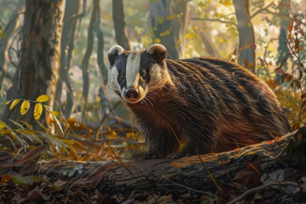 A badger is standing on a log in a forest