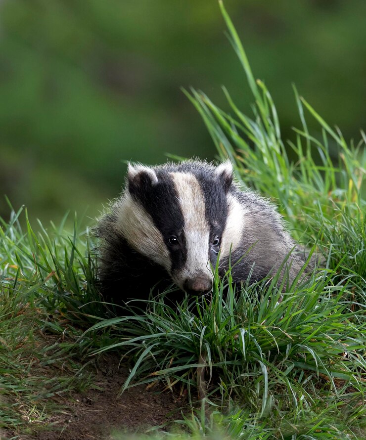 Photo badger relaxing on grassy field