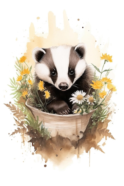 Badger watercolor clipart cute isolated on white background with Generative AI Technology