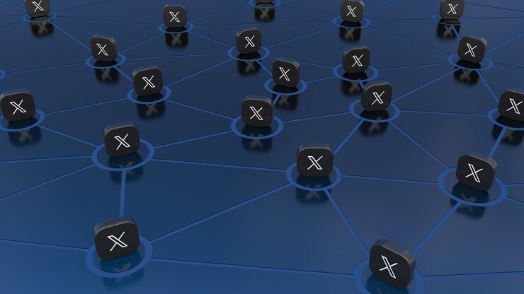 Photo badges with the x logo on a board representing the concept of communication through this network