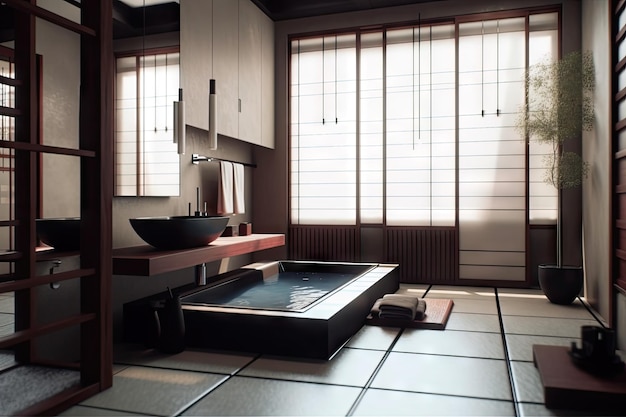 Badkamer in Japanse stijl met minimalistisch design en strakke armaturen gemaakt met generatieve AI