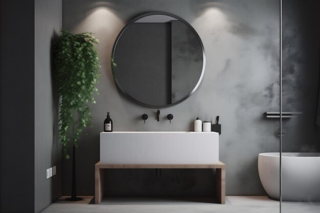 Badkamer kamer grijs design wit luxe spiegel interieur betonnen gootsteen thuis Generatieve AI