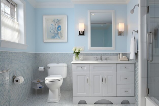 Badkamer met blauwe muren en wit toilet