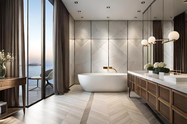 Badkamer met een badkuip en uitzicht op de oceaan