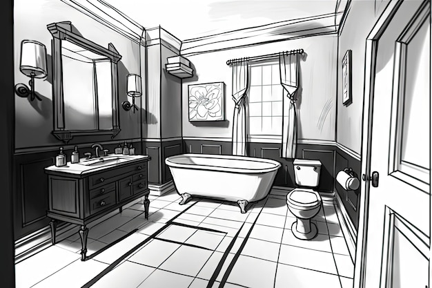 Badkamer met klassiek toilet en ligbad geschetst in zwart-wit