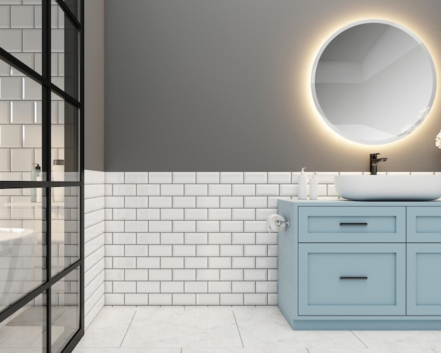 Badkamer met lege ruimtes voor producten wastafel en lichtblauwe kast 3D-rendering