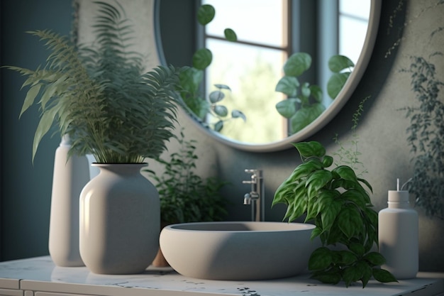 Badkamer met ronde spiegel in tropische stijl en groene planten Home moderne stijlvolle badkamer interieur mockup Generatieve AI