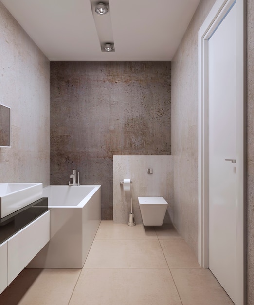 Badkamer minimalistische stijl met wit gekleurde meubels en betonnen muren