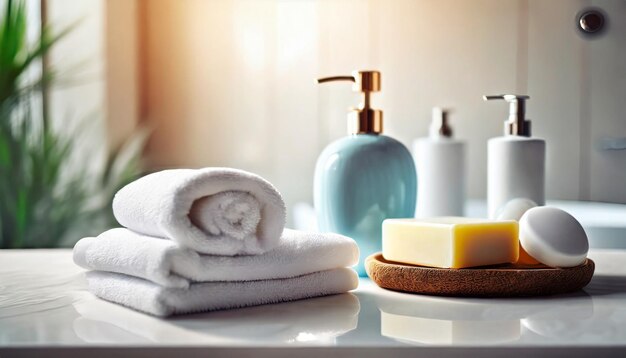 badkamer scène toiletartikelen zeep handdoek op zachte witte spa achtergrond uitnodigend ontspanning en selfcar