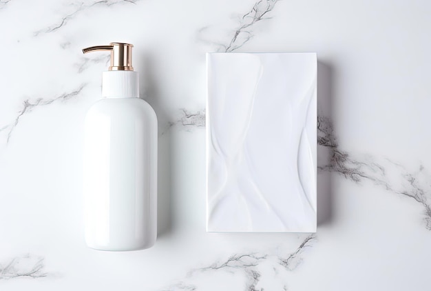 badkamerkit met body wash op wit tafelblad in de stijl van minimalistische achtergrond