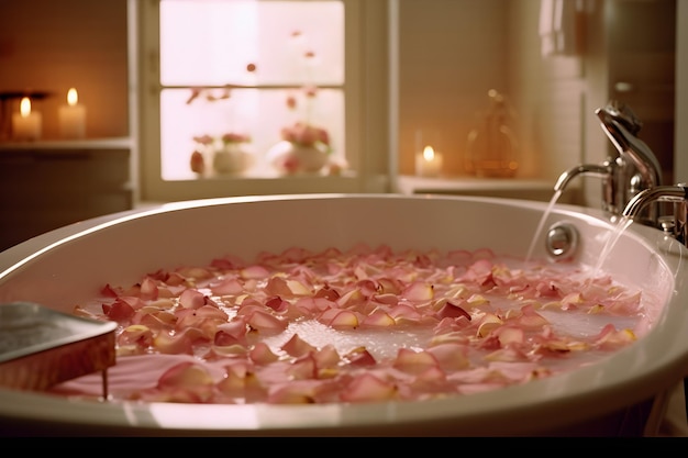 Foto badkuip gevuld met roosblaadjes naast een raam in een spa-centrum