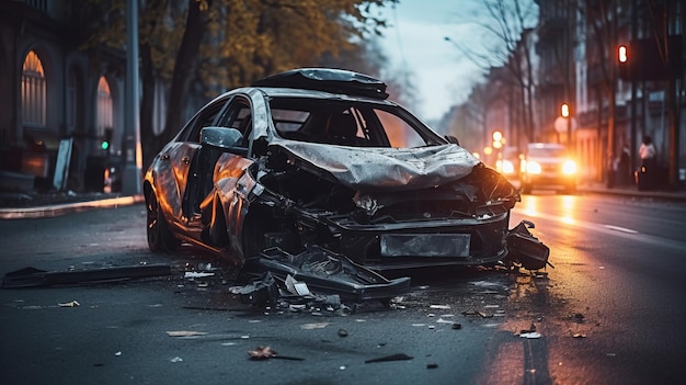 Badly damaged car wreck on the street