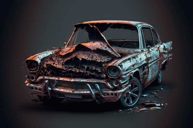 Badly damaged wrecked car after car accident