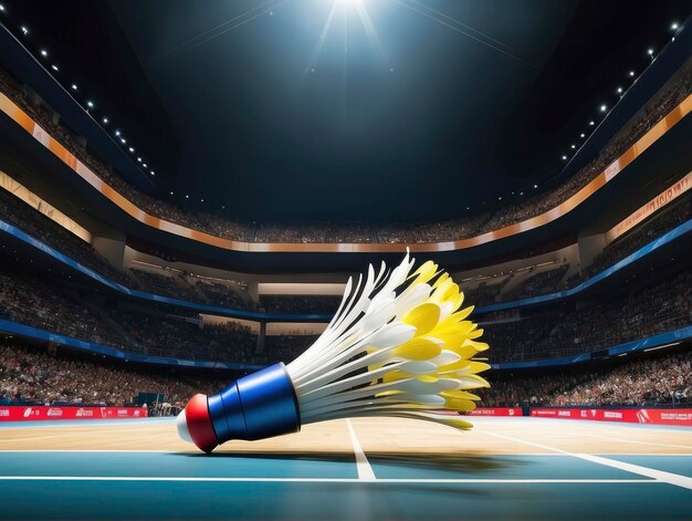 a badminton ball and shuttle on a court in a stadium with a bright light