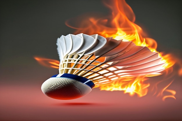 A badminton bat is burning with flames and the word badminton on it.