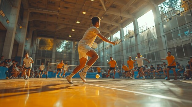 A Badminton Match With Players Exchanging Background