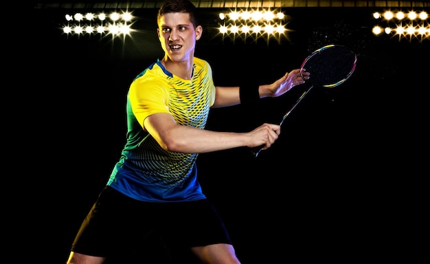 Photo badminton player in sportswear with racket and shuttlecock on stadium