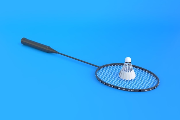 Badminton racket en shuttle op blauwe achtergrond 3D render illustratie