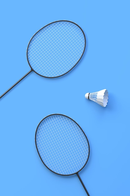 Badminton racket en shuttlecock op blauwe achtergrond Top view 3D render illustratie