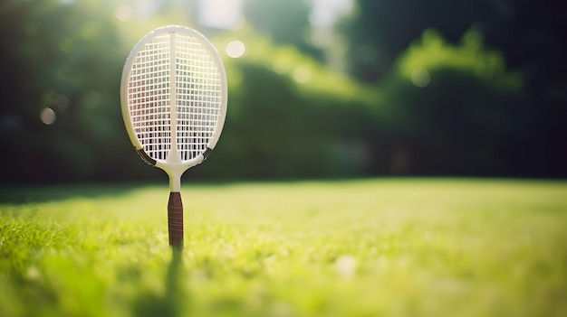 Badminton racket en shuttlecock op een achtertuin grasveld