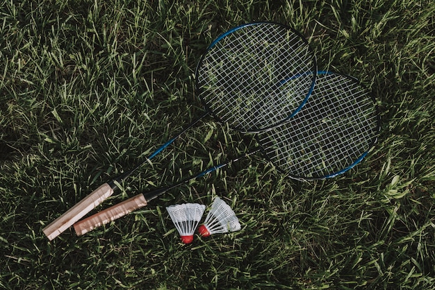 Badminton Racket and Shuttlecock on Grass.