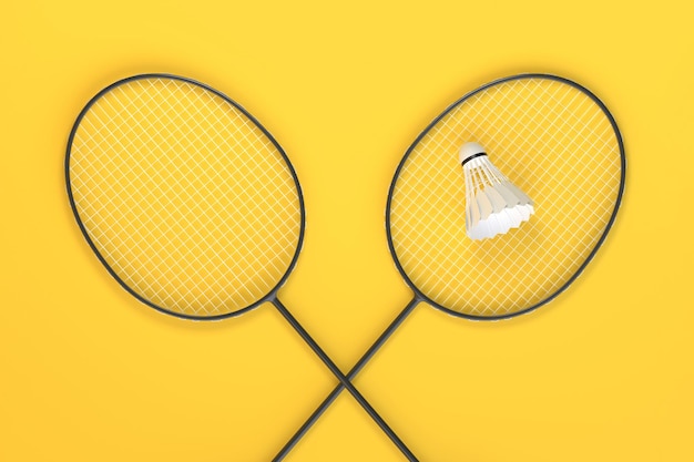 Badminton racket and shuttlecock on yellow background Top view 3D render illustration