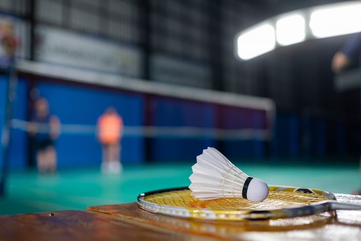 Foto badmintonshuttle en racket met de achtergrond van de speler wazig