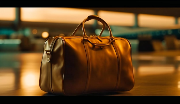 A bag at the airport looking towards the airplane in the airport