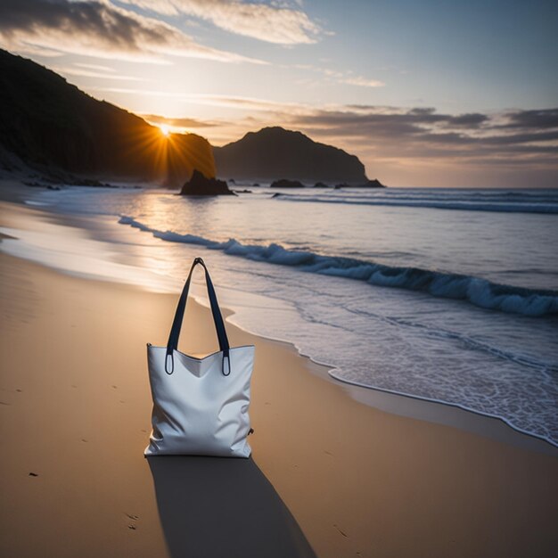 A bag on the beach is sitting on the sand.