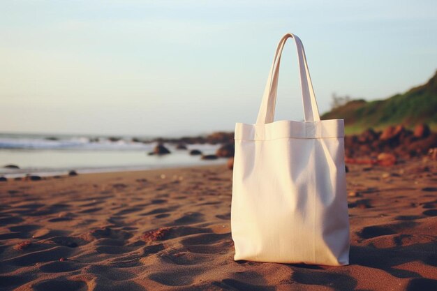 a bag on the beach with the ocean in the background.