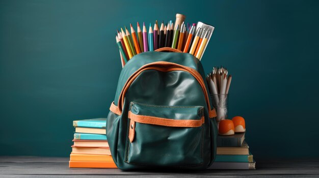 Bag and books with pencils on table with concept of back to school