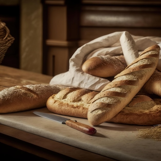 A bag of bread is on a table next to a bag of bread.