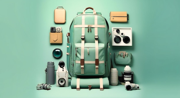 A bag camera and backpack are arranged on a grey background