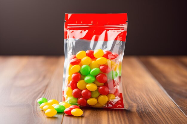 Photo a bag of candy sitting on a wooden table