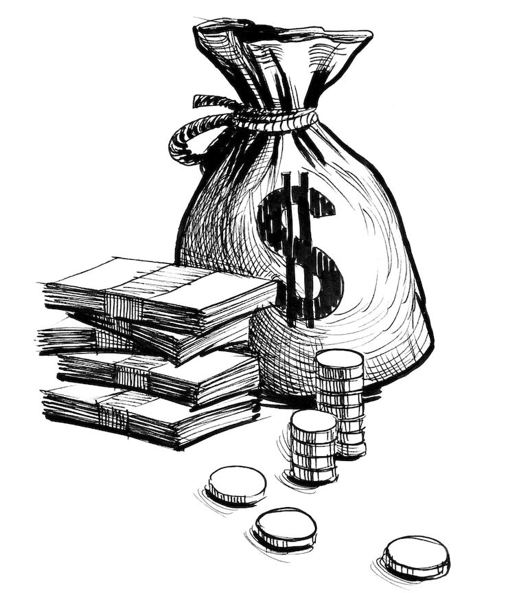 Photo bag of cash, coins and banknotes. ink black and white drawing